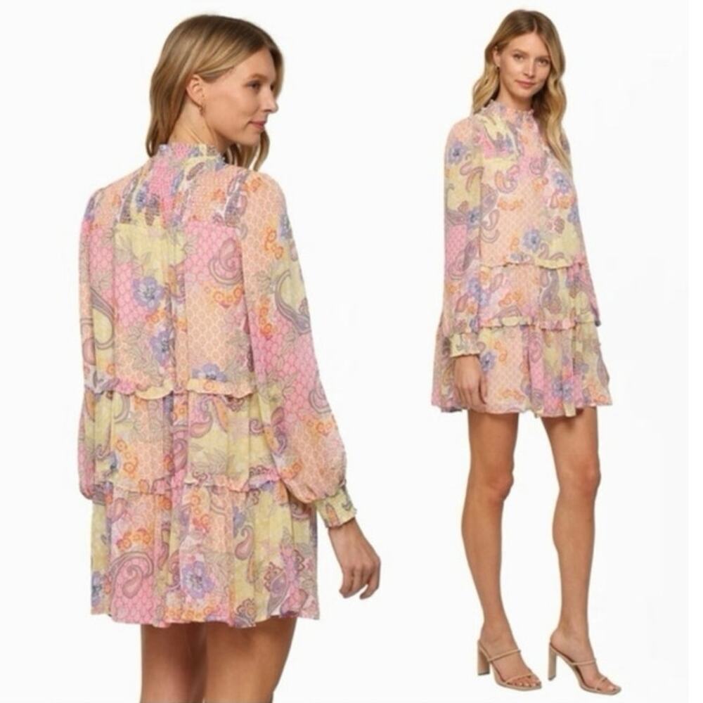 Fate Women's Pastel Paisley Floral Tiered Smocked Babydoll Mini Dress Coquette S